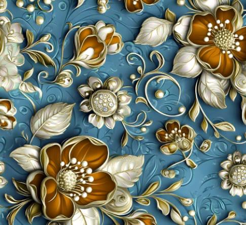 5D Linen Two Piece all over Unstitched Dress - Teal Royale with Ruby & Champagne Florals - linen-5d-013