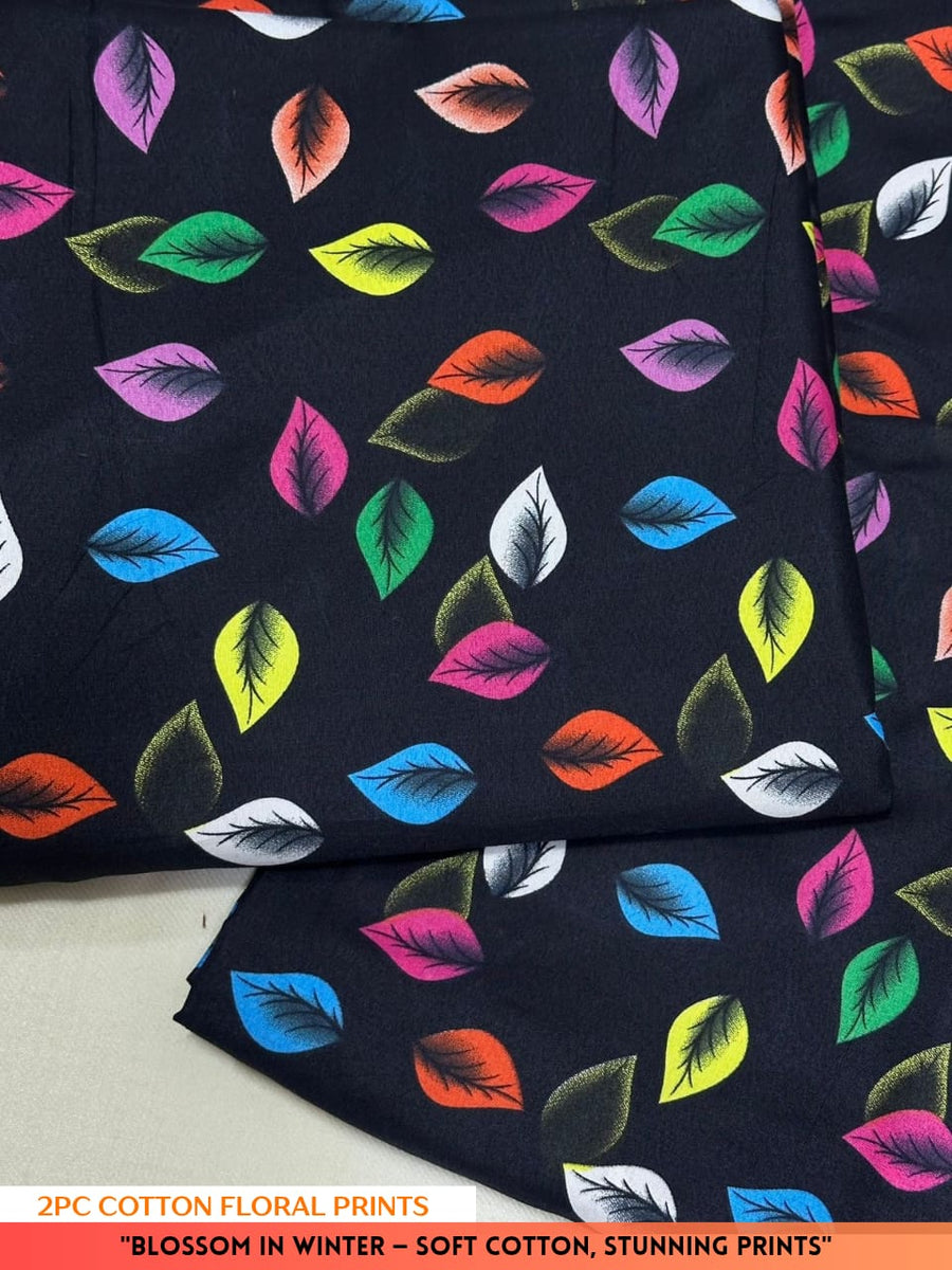 Cotton fabric with colorful leaf pattern on a black background