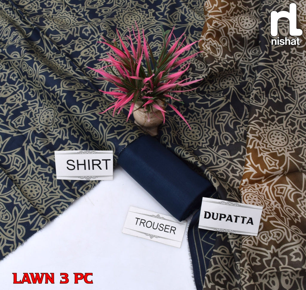 Lawn 3p Suit Fine Quality Allover Shirt Dyed Trouser with digital voil lawn dupatta 9501