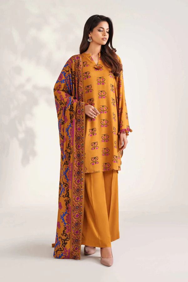 Lawn 3p Suit Fine Quality Allover Shirt Dyed Trouser with digital voil lawn dupatta 9539