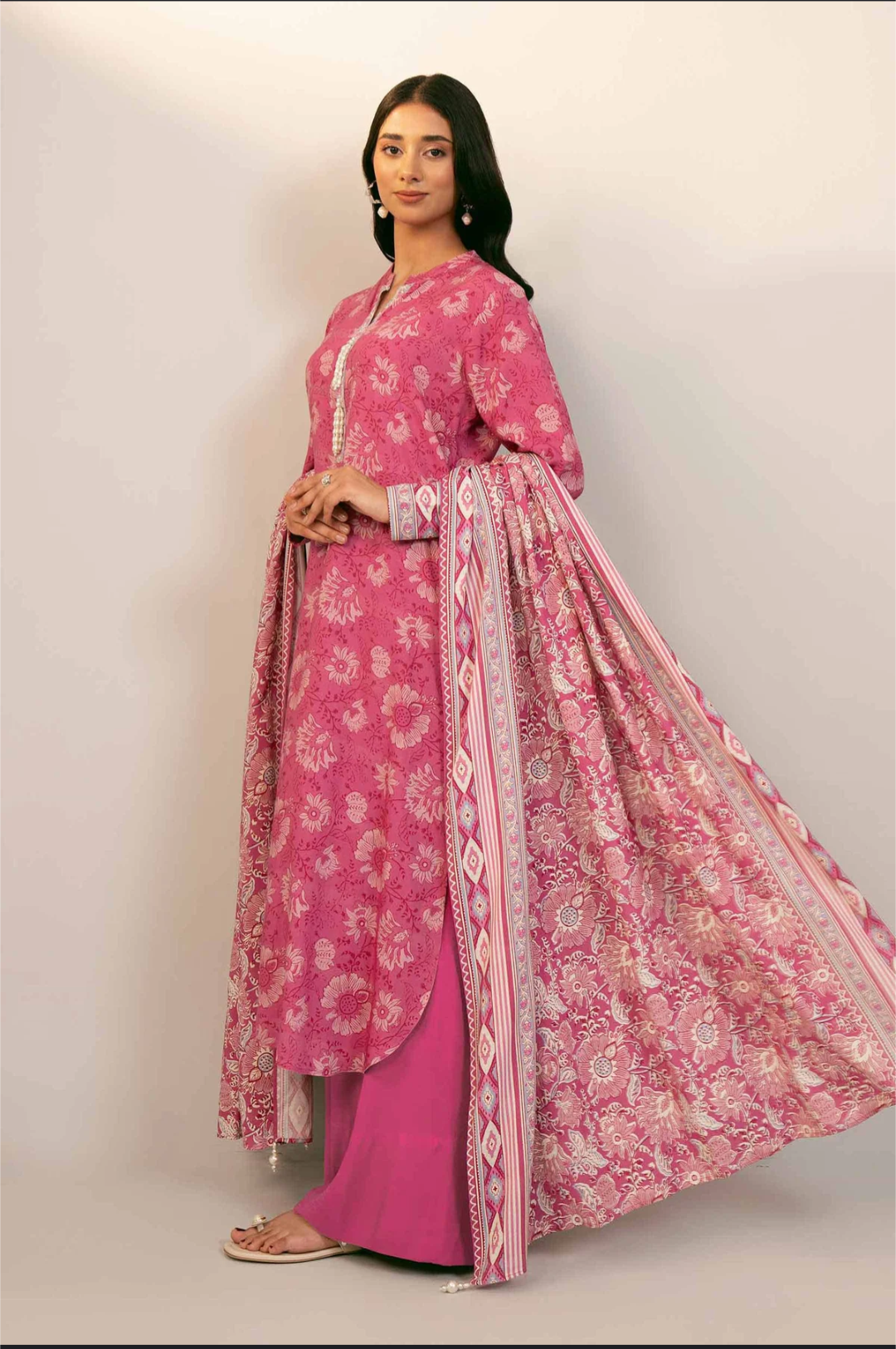 Lawn 3p Suit Fine Quality Allover Shirt Dyed Trouser with digital voil lawn dupatta 9506